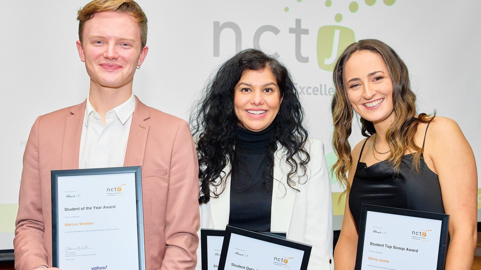 Marcus Wratten, Sharmeen Ziauddin and Olivia Jones pose for a picture with their certificates.