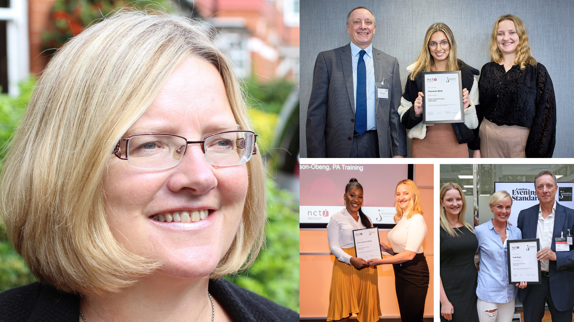 Left: Claire Prosser. Right: Claire Prosser bursary award winners.