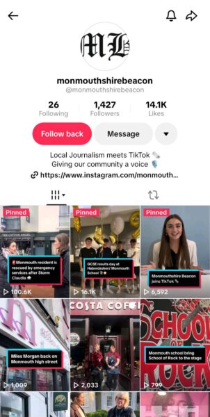 Monmouthshire Beacon TikTok profile page showing 1,427 followers, 14.1K likes, and a grid of local news videos